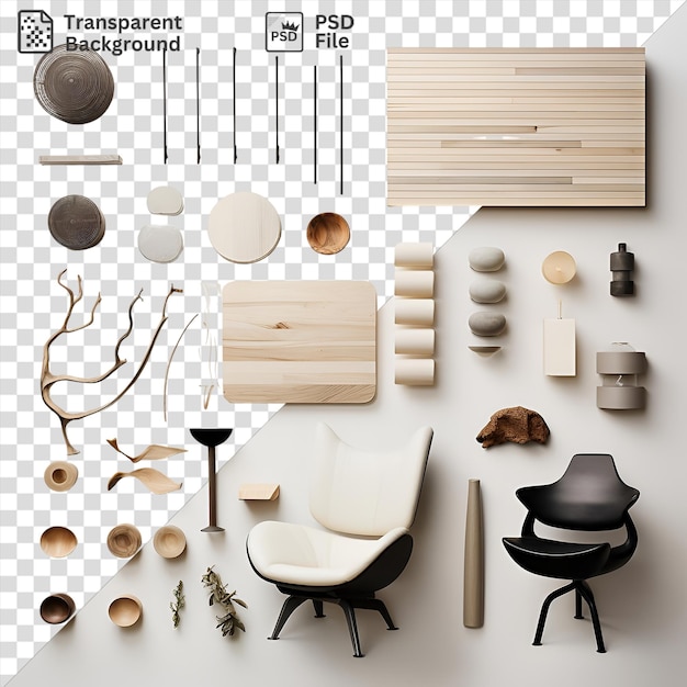 PSD psd set di strumenti di progettazione di mobili artigianali personalizzati visualizzati su una parete bianca accompagnati da una sedia nera e una sedia bianca con un cane marrone sullo sfondo