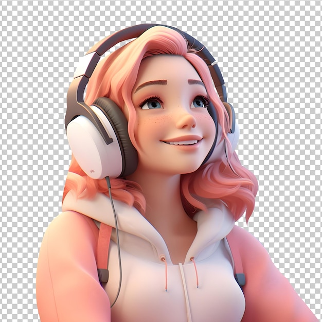 PSD cute 3d girl character vibing to music isolated on transparent background