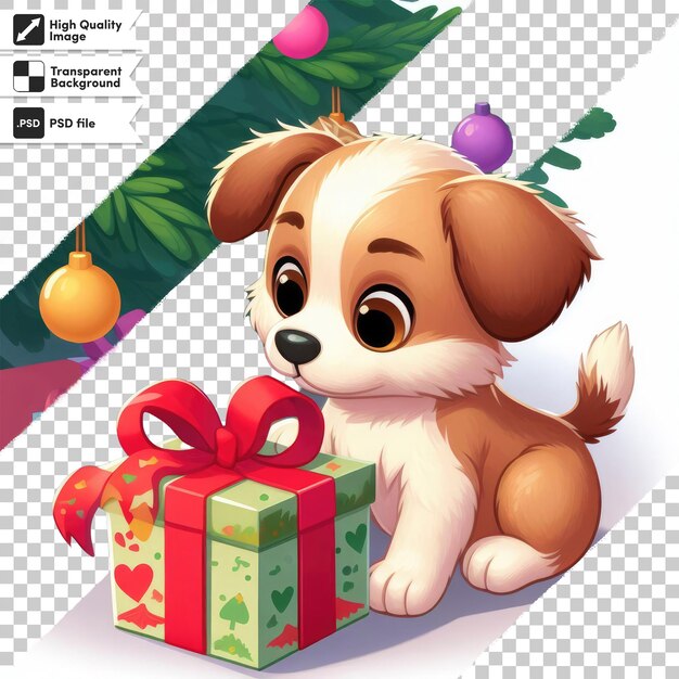 Psd cute dog with santa hat and christmas gifts on transparent background