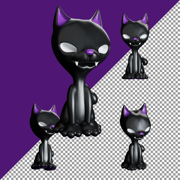 Psd cute halloween icon set black cat 3d rendering