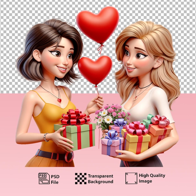 PSD psd милая лесбийская пара девушек с радостью дарит друг другу подарки на день святого валентина