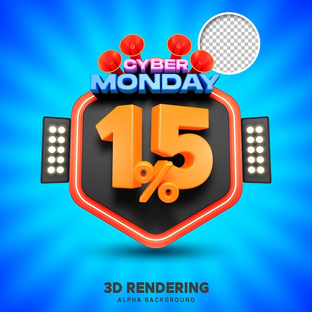 PSD psd cyber monday sale 15% renderowanie 3d z tłem alfa