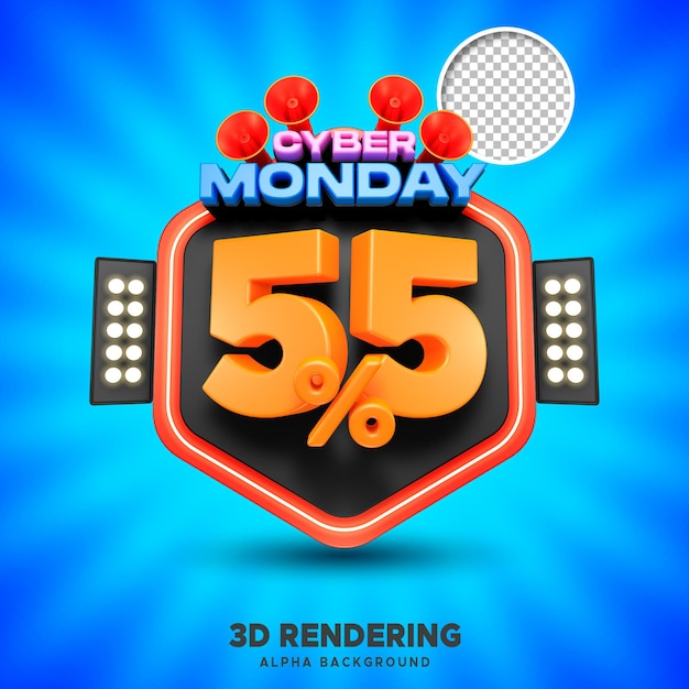 PSD psd cyber monday sale 55% rendering 3d con sfondo alfa