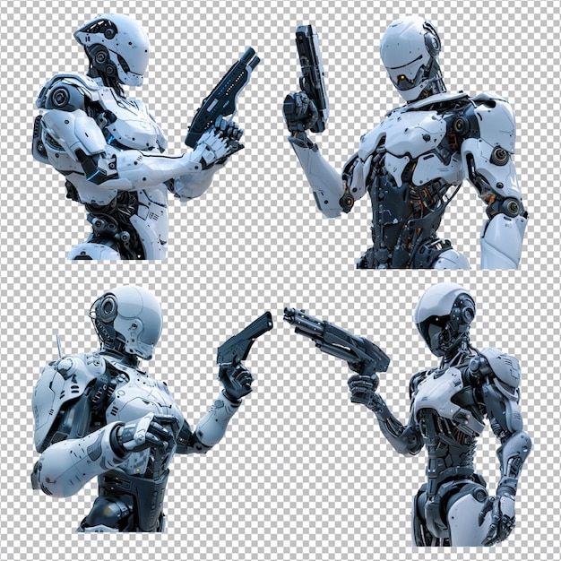 PSD psd robot cyberpunk con una pistola isolato rendering 3d