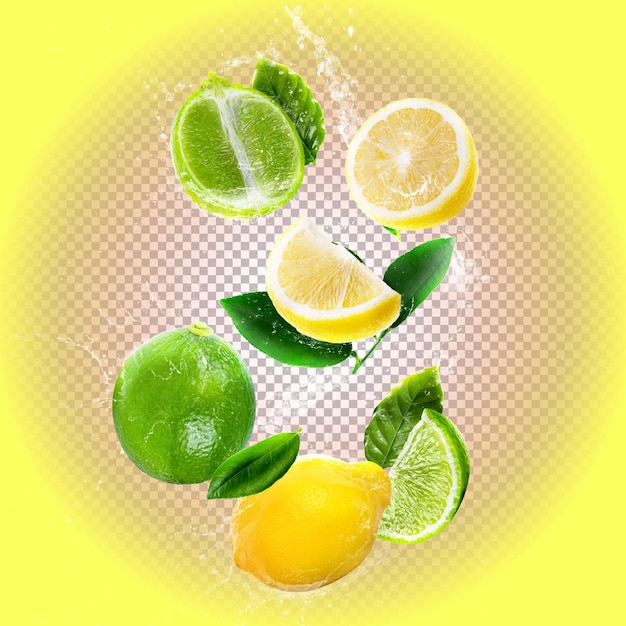 PSD psd cytryny i limonki z liśćmi izolowanymi na warstwie alfa