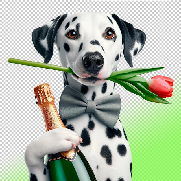 Il cane dalmata psd tiene un fiore e una bottiglia di vino spumante su uno sfondo trasparente