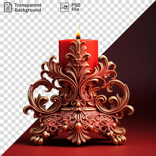 PSD psd a decorative candle holder with a lit red candle and a red candle placed on a red table casting a dark shadow