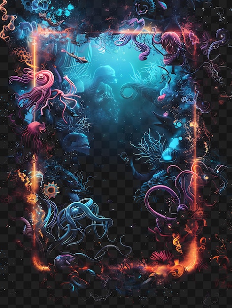 PSD psd of deep sea abyss arcane frame with mysterious sea creatures su outline neon collage style art