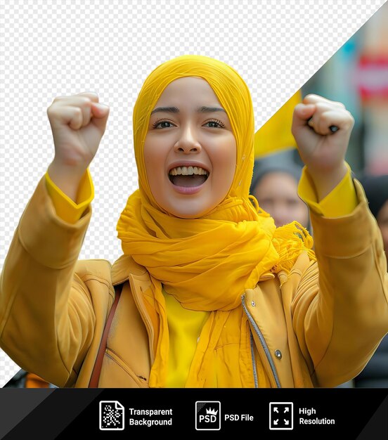 Psd defiant activist who chants during a march wearing a yellow scarf and holding a yellow sign with an open mouth and a hand visible in the foreground png