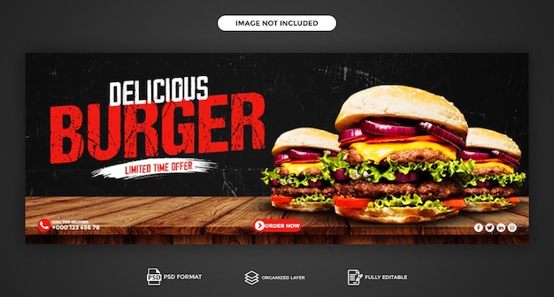 PSD psd delizioso menu di cibo per hamburger e copertina di facebook del ristorante e design del modello di banner web