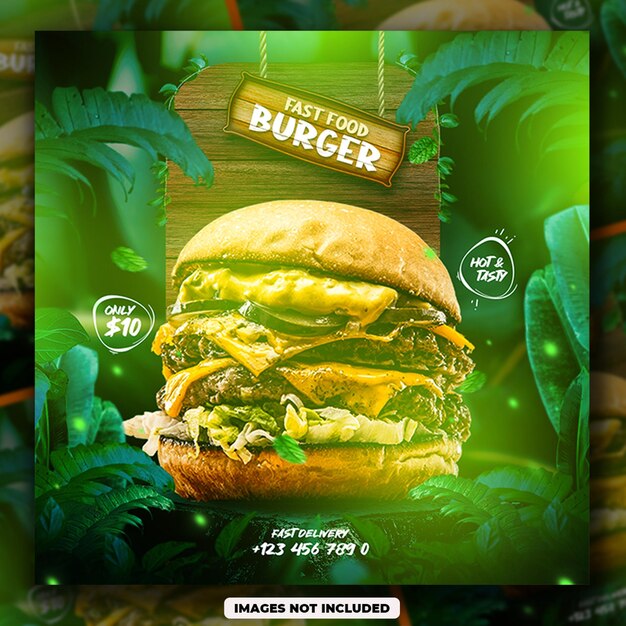 Psd delicious burger food menu e ristorante social media instagram modello di posta quadrata banner con sfondo foglia