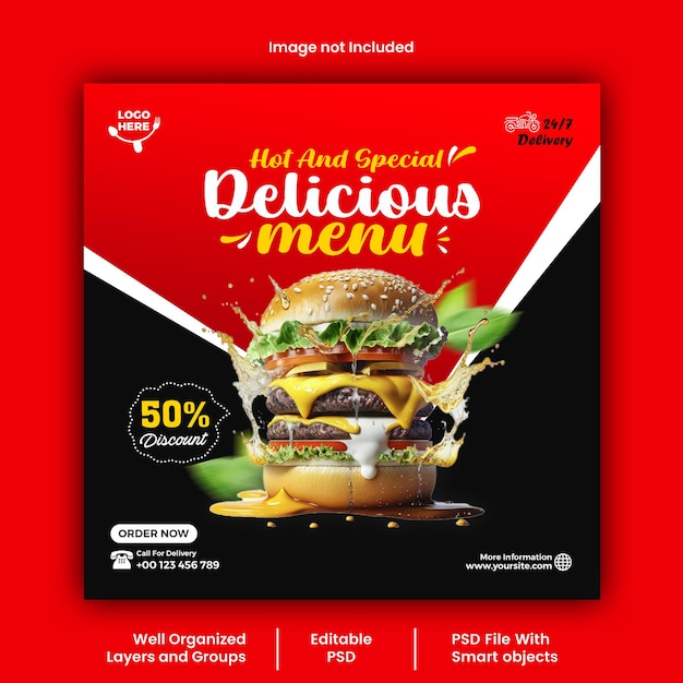 Psd delicious burger and food menu social media banner template