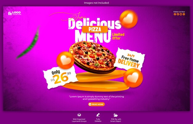 PSD psd delizioso burger e menu alimentare modello di banner web