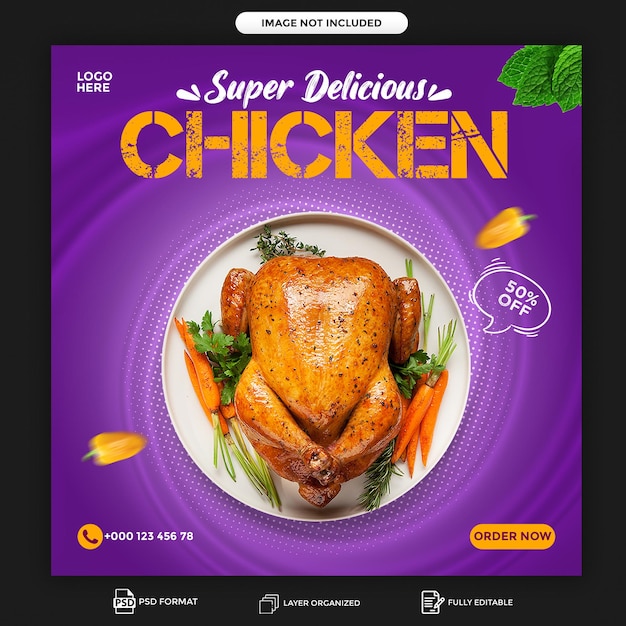 Psd delicious chicken food social media banner and instagram post template design