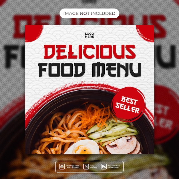 Psd delizioso menu di noodle ramen post sui social media o modello di banner quadrato