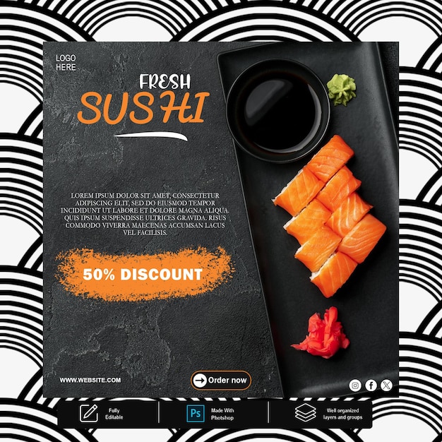 Psd delicious sushi dish template for social media and instagram