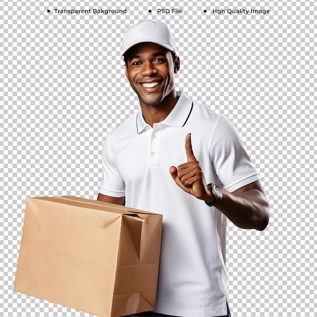 PSD delivery smiling AfricanAmerican man holding a paper package transparent background