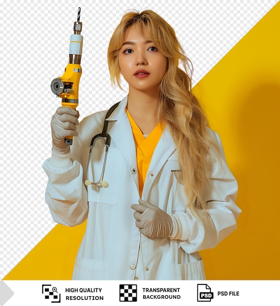 PSD psd dental drill girl with long blond hair wearing a white coat and yellow shirt stands in front of a yellow wall holding a white hand up to her face png