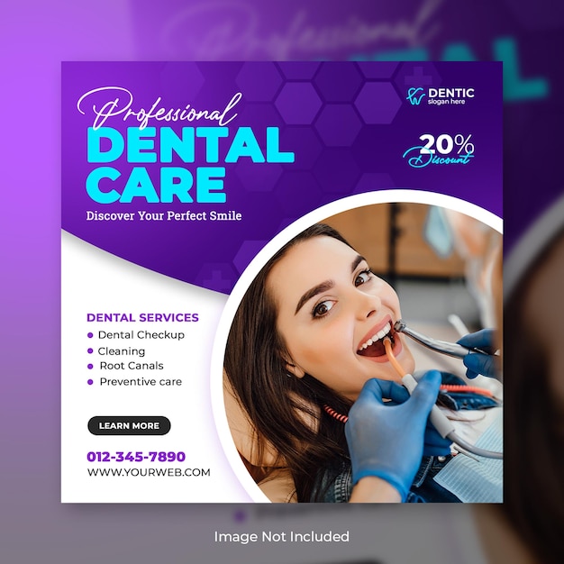 Modello di post sui social media e banner web del dentista e dell'assistenza sanitaria del psd