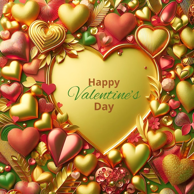 PSD design for happy valentine's day with red green and gold heart shape background