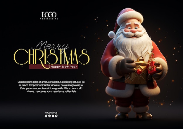 Psd design merry christmas banner template with santa claus carrying a box of gifts