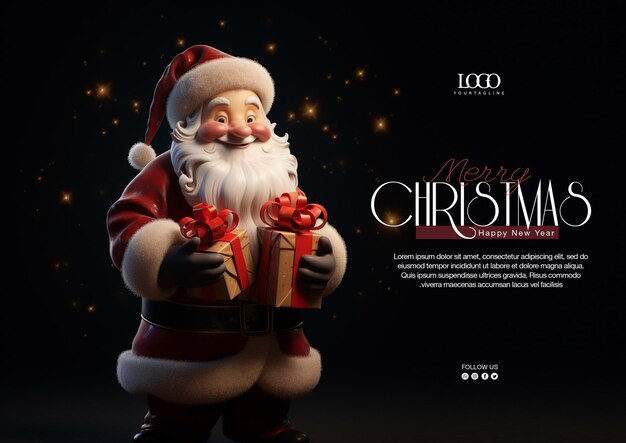 PSD psd design merry christmas banner template con babbo natale che porta una scatola di regali