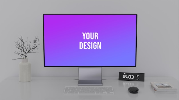 PSD desk computer mockup with decoration