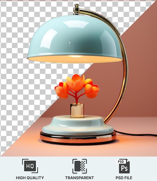 PSD psd una lampada da scrivania con fiori arancione in un vaso si siede su un tavolo bianco contro una parete rosa con un cordone nero visibile in primo piano