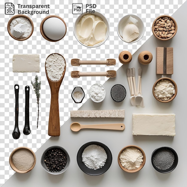 PSD psd dessert baking essentials set up on a transparent background with a variety of bowls and utensils including a wood spoon black and brown bowl and brown and wood spoon