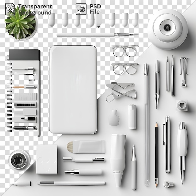 Psd digital art and graphic design tools set on a transparent background featuring a silver pen black glasses and a silver camera