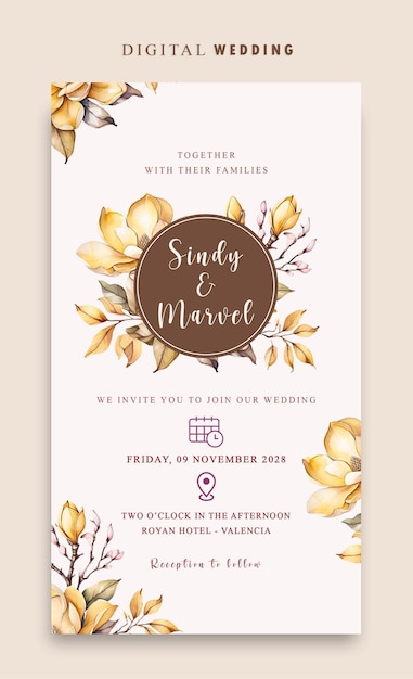 psd digital wedding invitation with elegant watercolor flower