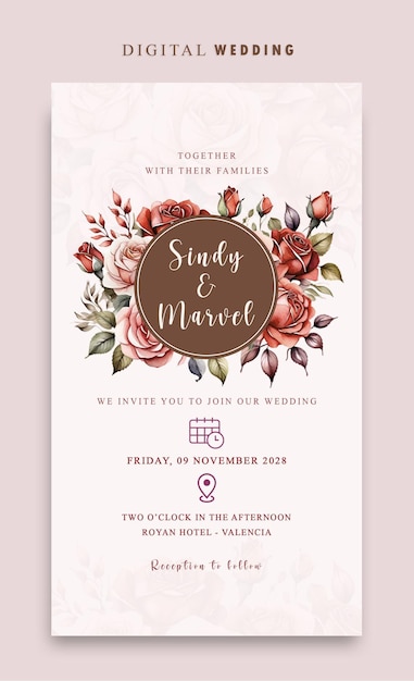 PSD digital wedding invitation with elegant watercolor red roses