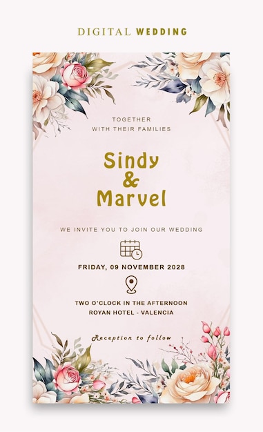 PSD digital wedding invitation with elegant watercolor rose flowers