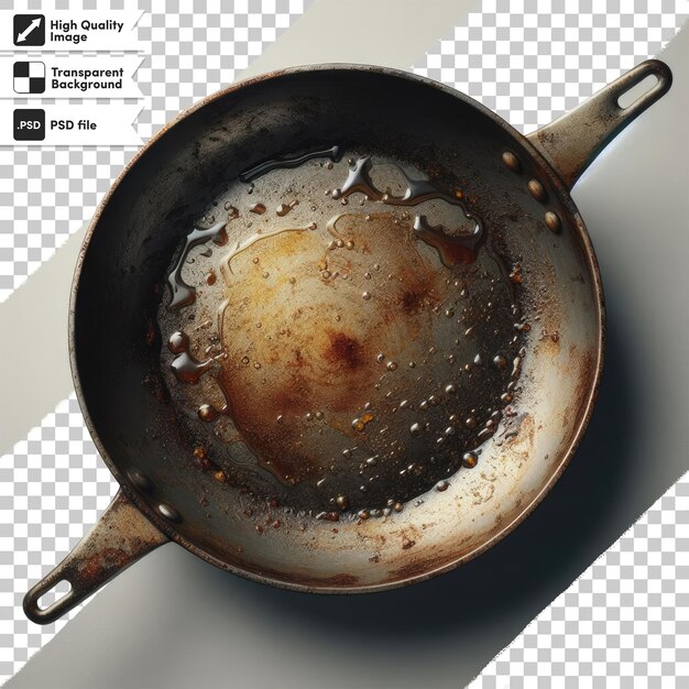 PSD psd dirty old rusty frying pan on transparent background with editable mask layer