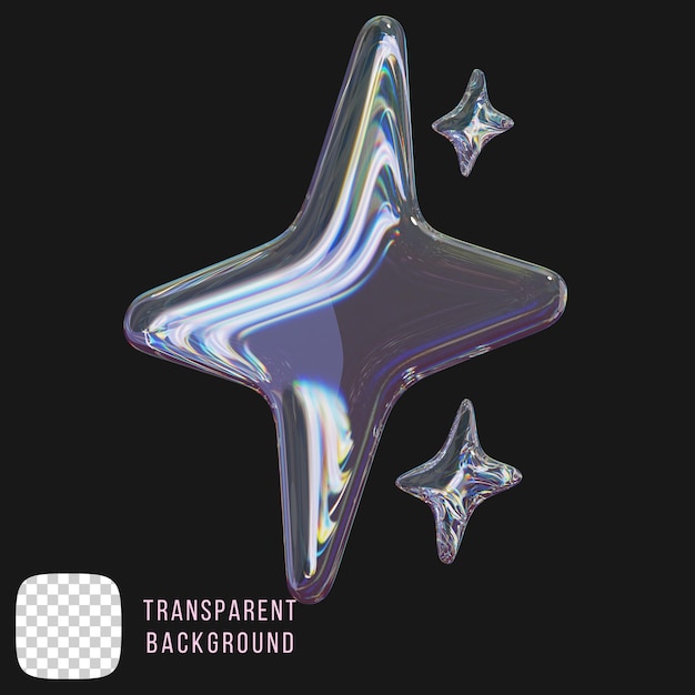 Psd dispersion glass y2k star abstract shape 3d rendering on transparent background