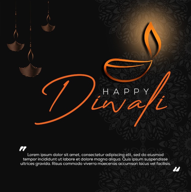 Psd diwali banner wish post in black colour with golden diya decorations