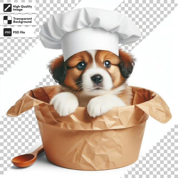 Psd dog chef on a kitchen with hat on transparent background