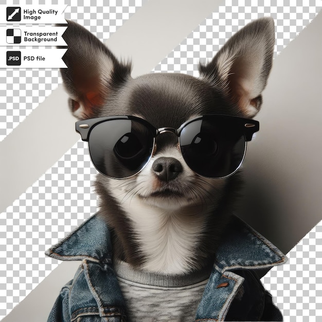 PSD cane psd con giacca di denim e occhiali da sole su sfondo trasparente con strato di maschera modificabile