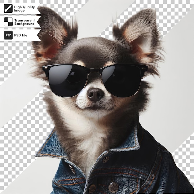 PSD デニムジャケットとサングラスを着たpsd犬 透明な背景で編集可能なマスクレイヤー