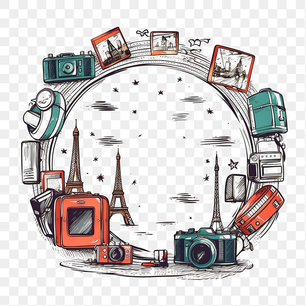 Psd doodled circular frame with cameras vintage suitcases and po 2d frame design outline tshirt