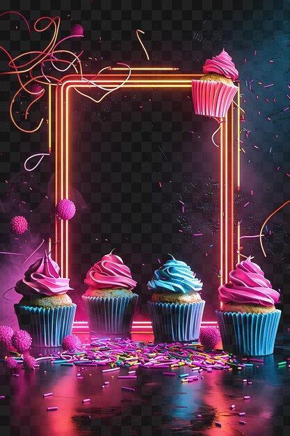 PSD psd dotted lines light neon frame met cupcakes en sprinkles ar outline collage art transparant
