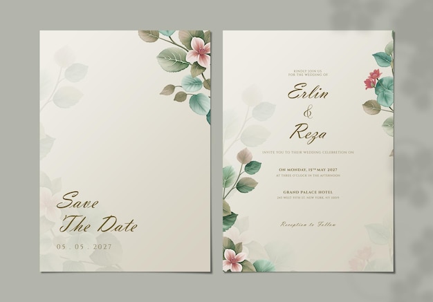 Psd double sided vintage wedding card template with flower