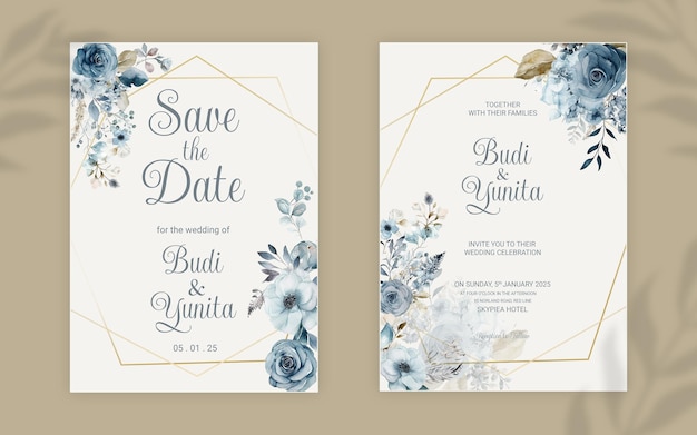 Modello di biglietto di invito a nozze double face psd con eleganti rose blu polverose acquerellate