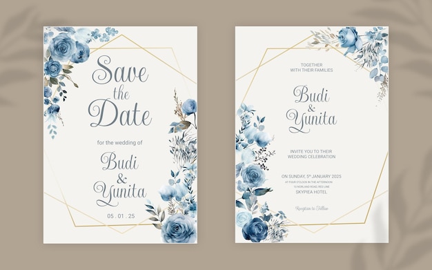 PSD modello di biglietto di invito a nozze double face psd con eleganti rose blu polverose acquerellate