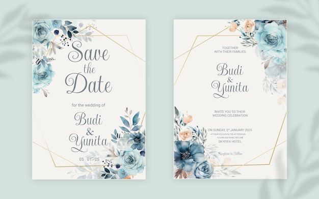 PSD modello di biglietto di invito a nozze double face psd con eleganti rose blu polverose acquerellate