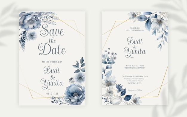 PSD modello di biglietto di invito a nozze double face psd con eleganti rose blu polverose acquerellate