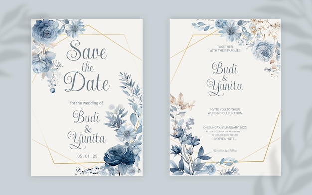 Modello di biglietto di invito a nozze double face psd con eleganti rose blu polverose acquerellate