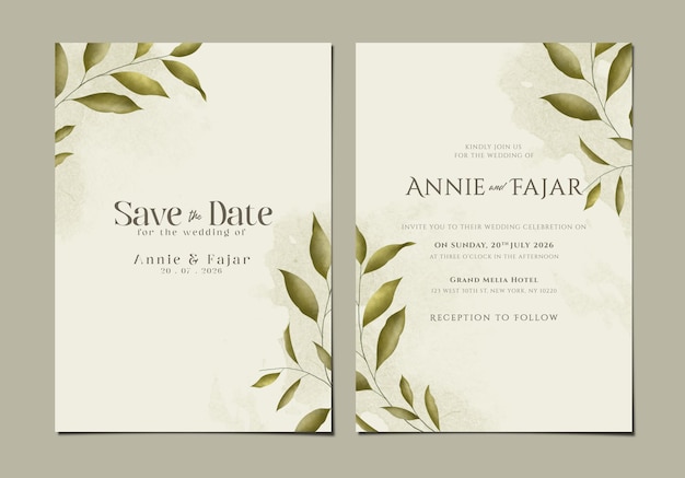 psd double sided wedding invitation card template with leaves