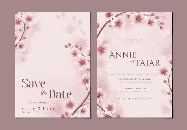 psd double sided wedding invitation card template with pink flower