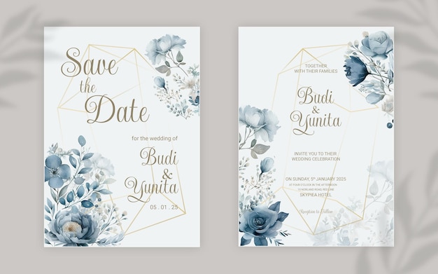 Psd двусторонний шаблон свадебного приглашения с акварелью пыльной розы и орнаментом из листьев